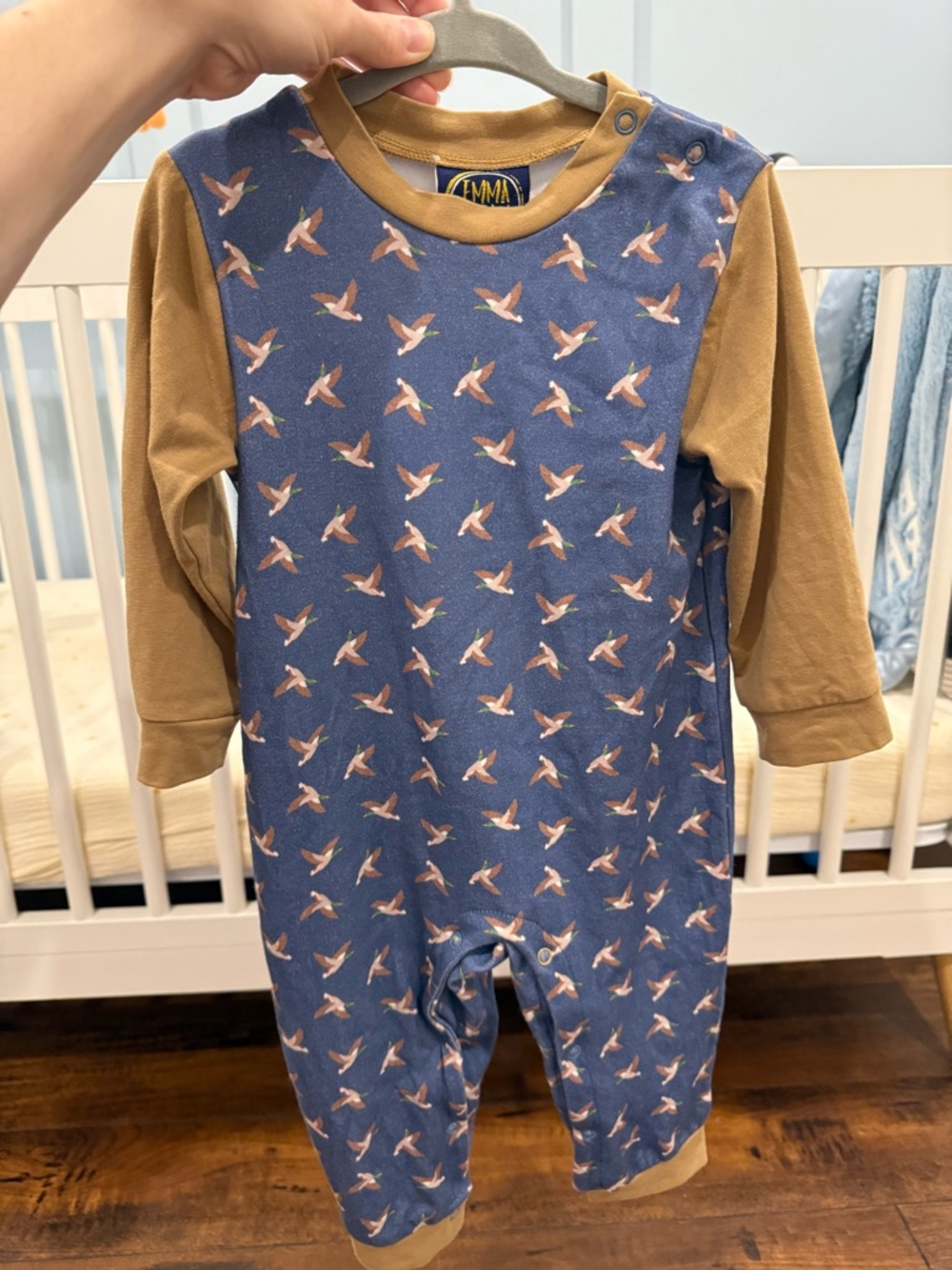 Emma Jean Blue & Tan Duck Romper